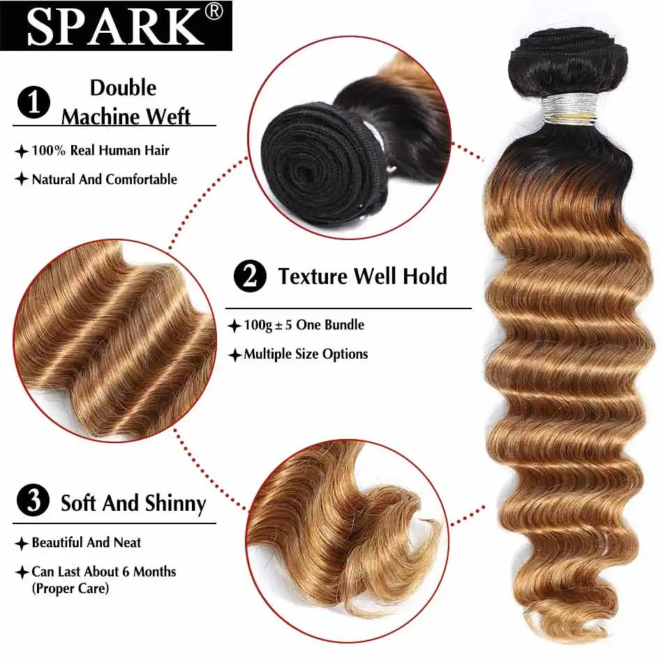 Искра бразильские свободные глубокая пучки волнистых волос сделка T1B/4/30 прядь с