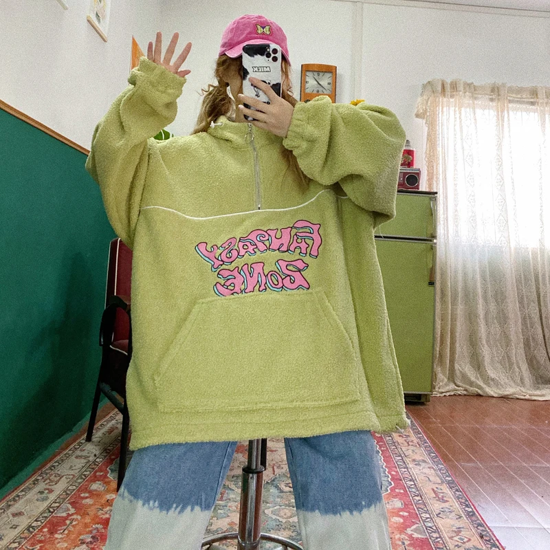 Street hip hop cute retro graffiti print color matching high neck loose oversize hoodies fleece sweatshirts woman