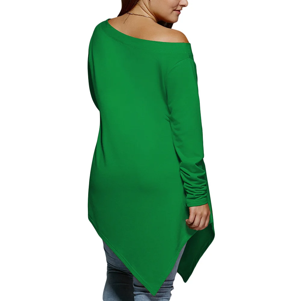 Размера плюс рождественские косым воротником Асимметричная футболка Топы с