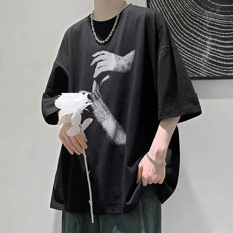 

100% Cotton Summer Hip Hop Casual Tops Streetwear Men's T-Shirts 2021 New Korean Style Lucky Printed Short Sleeve T shirts