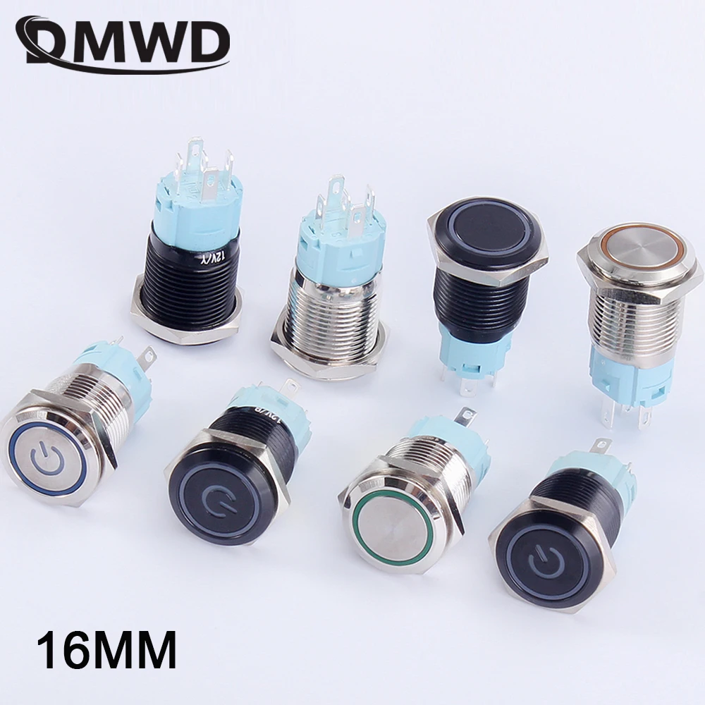 

16mm Waterproof Metal Push Button Switches With LED light Red Blue Green Yellow Self-locking Momentary 1NO1NC 12V 24V 220V horn