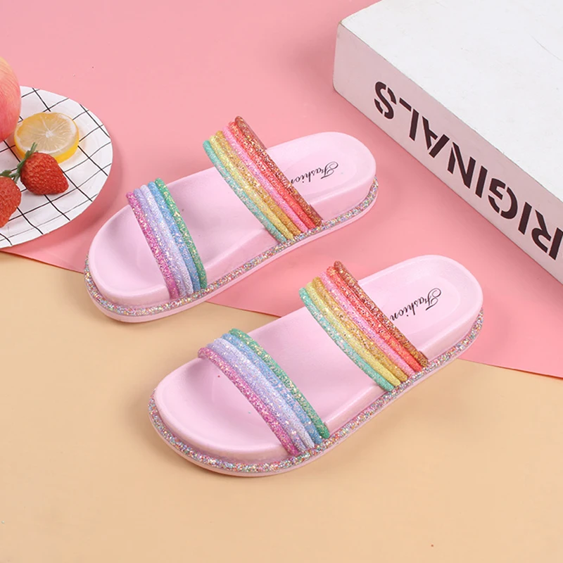 

Fashion new summer double-band rainbow slippers for women to wear thick-soled beach casual sandals and slippers