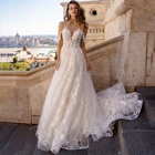 Роскошное кружевное ТРАПЕЦИЕВИДНОЕ свадебное платье из фатина с прозрачными пуговицами, свадебные платья, 2022