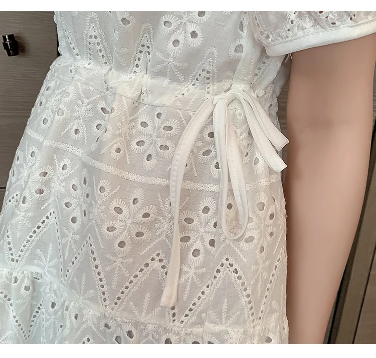 

2021 New Fashion Lace Hollow Out Puff Sleeve Summer Dresses Slim Waist Embroidery White Dress Vestidos