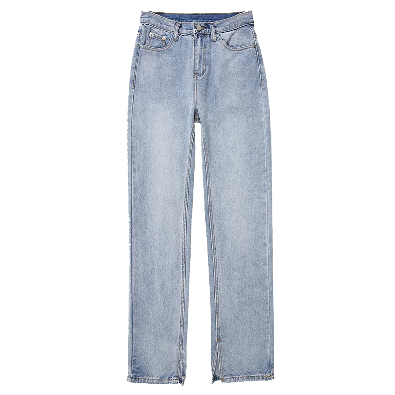 

Girls' light blue jeans 2021 New Spring straight loose slimming high waist mop split student wide-leg pants