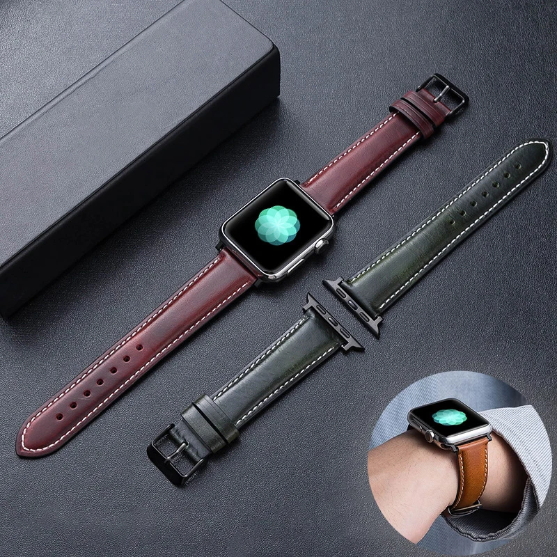 

Ремешок кожаный для Apple Watch Iwatch Series 5 6 4 3 SE, браслет 40 мм 42 мм 44 мм 38 мм в ретро стиле, восковой браслет, аксессуары