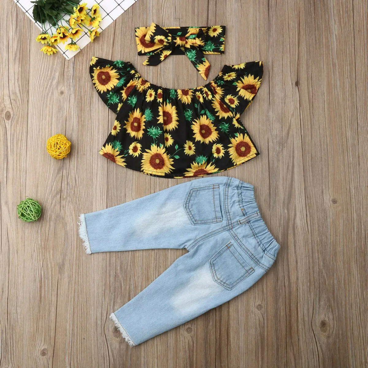

Baby Girl 3Pcs Set Girls Off Shoulder Sunflower Kids Print Top Ripped Denim Pants Headband Toddler Outfits Summer Kid Clothes