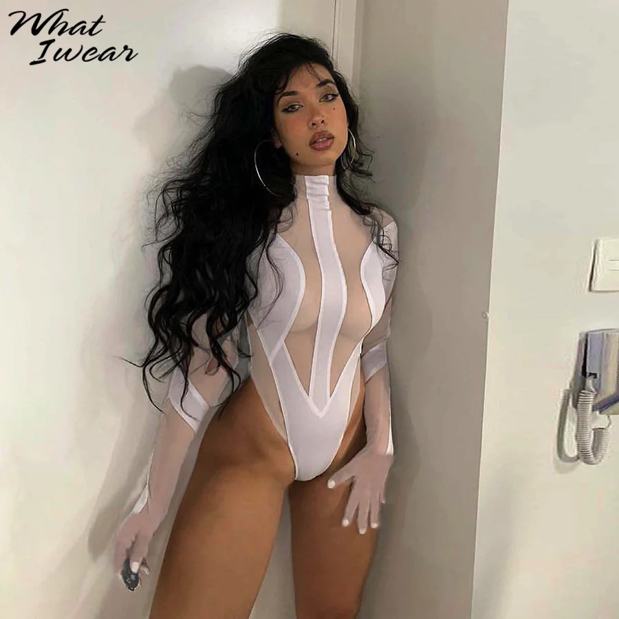 

Whatiwear сексуальное Сетчатое прозрачное боди однотонное тонкое стрейчевое Облегающее с длинным рукавом на все пальцы для женщин осенняя Офис...
