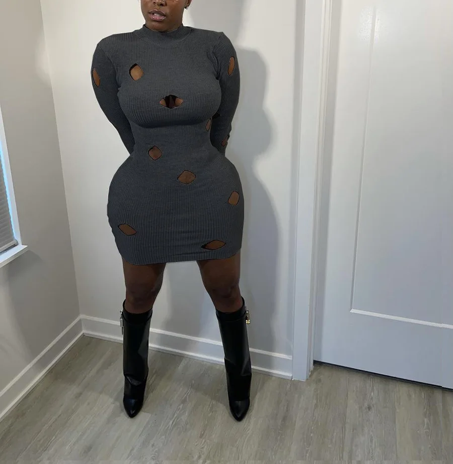 

Beyprern New Chic Cut Out Bodycon Short Party Dress 2021 Autumn Long Sleeve Solid Ribbed Skinny Party Club Wear Night Out Robes