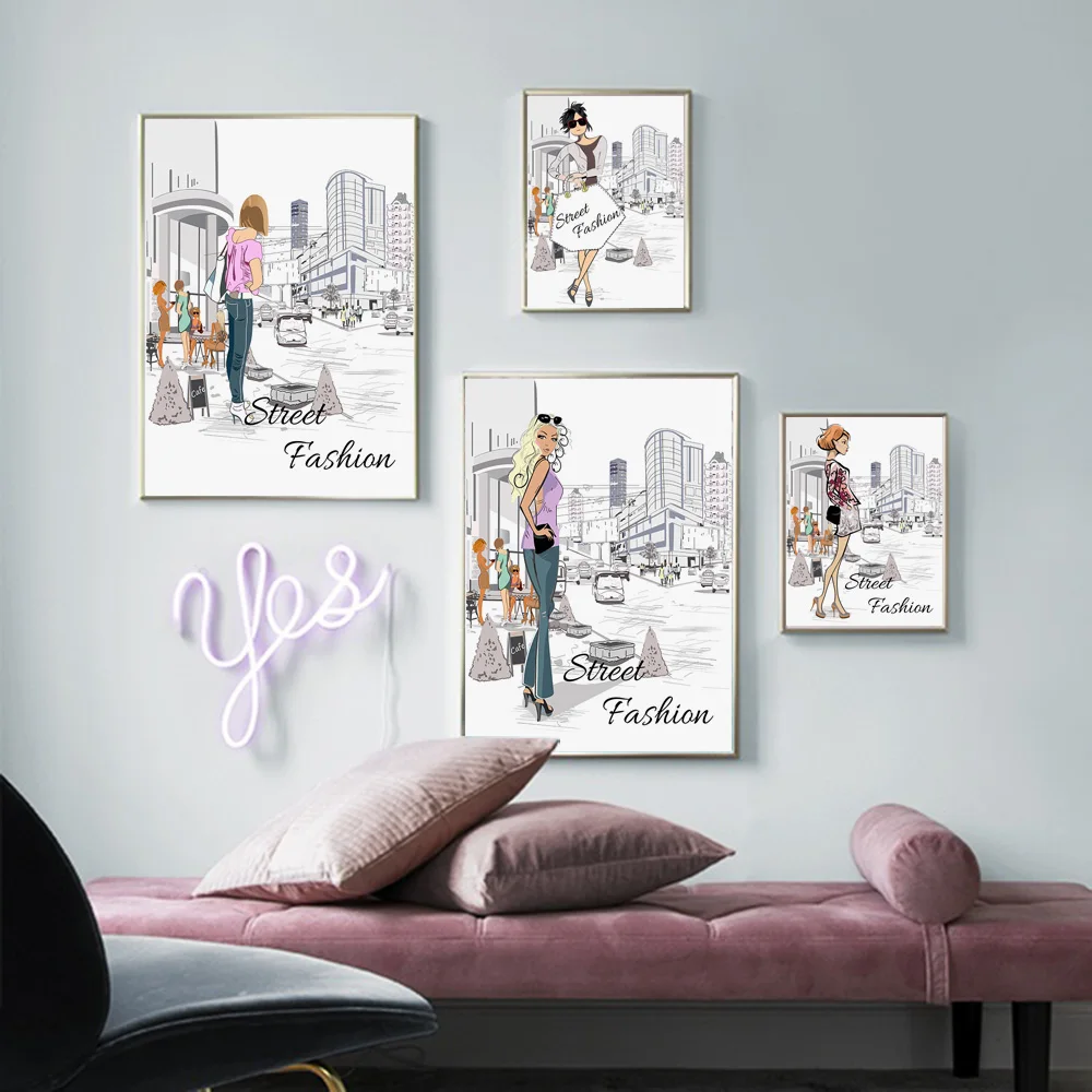 

Cartoon Fashion Girl City Street Building Nordic Posters and Prints Wall Art Canvas Painting Wall Pictures For Living Room Decor