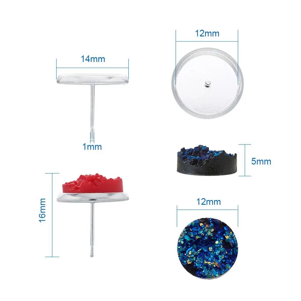 Лоток 12 мм латунные серьги-гвоздики и плоские круглые кабошоны из друзы смолы 12x5