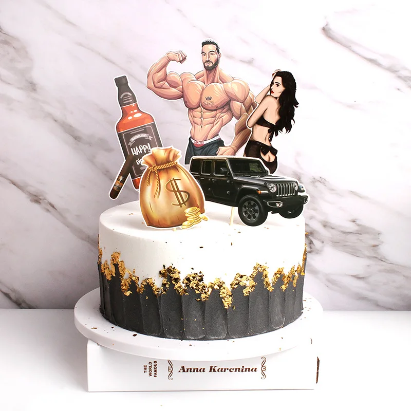 

Happy Birthday Cake Topper Creativity Muscular Men Sexy Beauty Luxury Car Wine Birthday Bachelor Party Baking Decoration