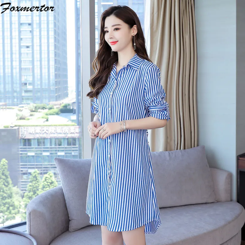 2021 женское синее платье в полоску офисное модное Повседневное с длинным рукавом