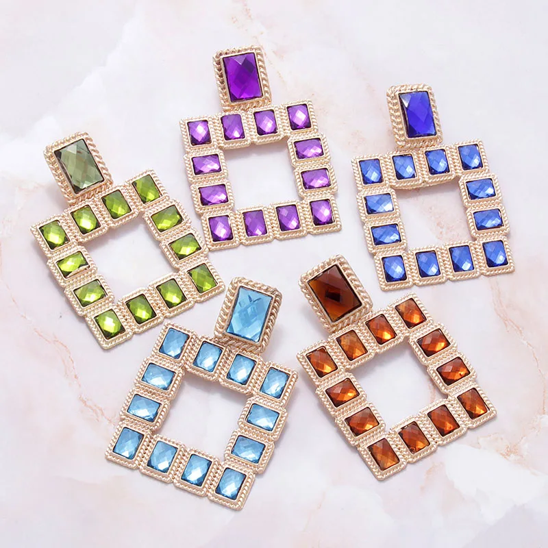 LEADERBEADS, трендовые Разноцветные квадратные серьги-гвоздики с кристаллами, винтажные геометрические серьги-люстры из сплава, женские серьги ZA, массивные ювелирные изделия