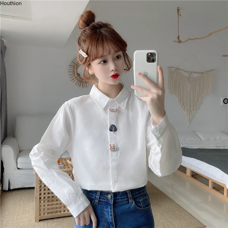 

Houthion Chiffon Slim Women's Blouses Fashion Long Sleeve Top New Casual Blouse Solid Color Buttons Polo Shirt Spring/autumn