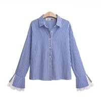 stripe blouse flare sleeve women turn down collar shirts lady plus size casual shirts blue black spring autumn