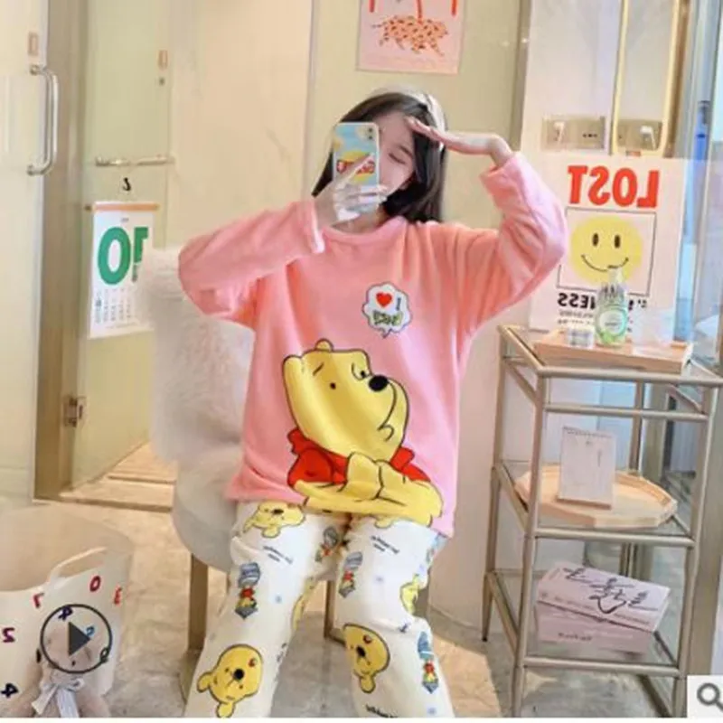 Girls Cute Pajamas 2 Pieces Anime Homesuits Kawaii Pyjama Coral Velvet Winter Clothes for Women Full Length Kawaii Japan Pyjama