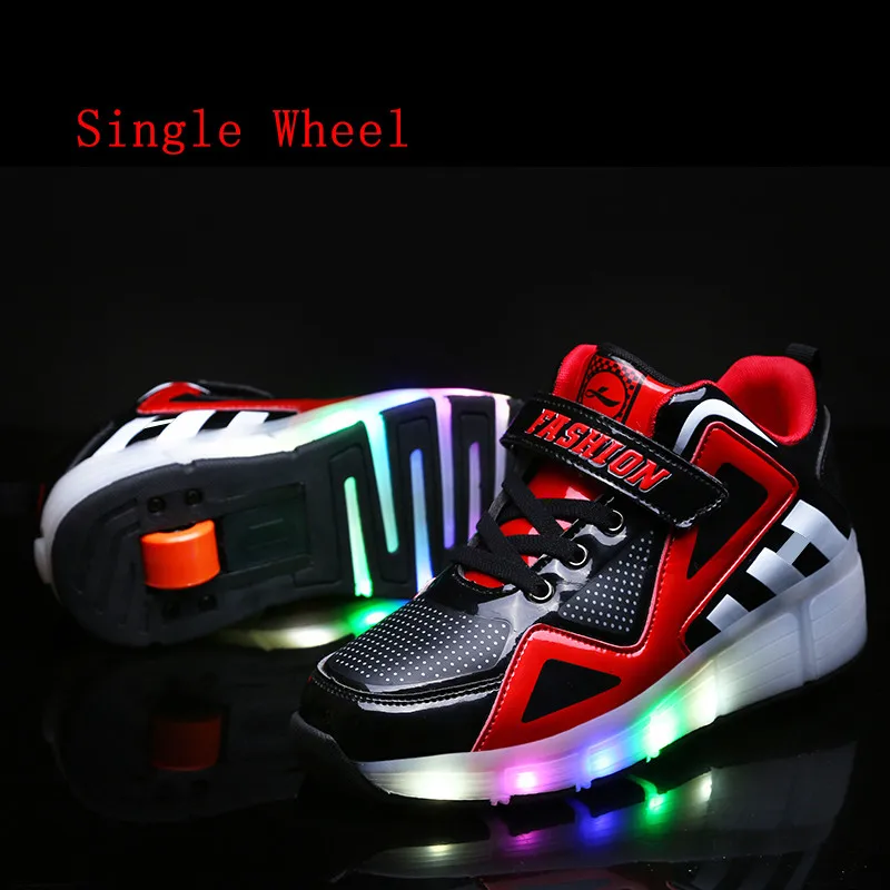 Single-Wheel Black HYFMWZS/ г. Модные двухколесный светодиодный Heelys обувь дышащая детская обувь съемные детские тонкие Ролики 30-40 - Цвет: Single-Wheel Black