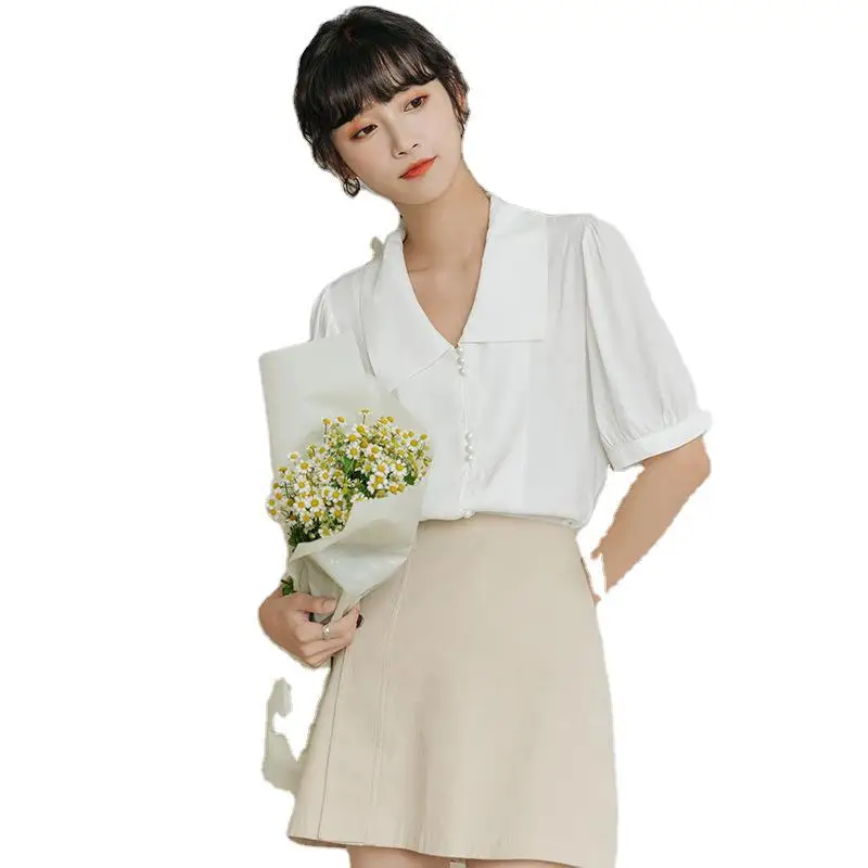 

2021 Summer New French Sweet Big Lapel Loose Puff Sleeve Short Sleeve Shirt Design Chiffon Top Women
