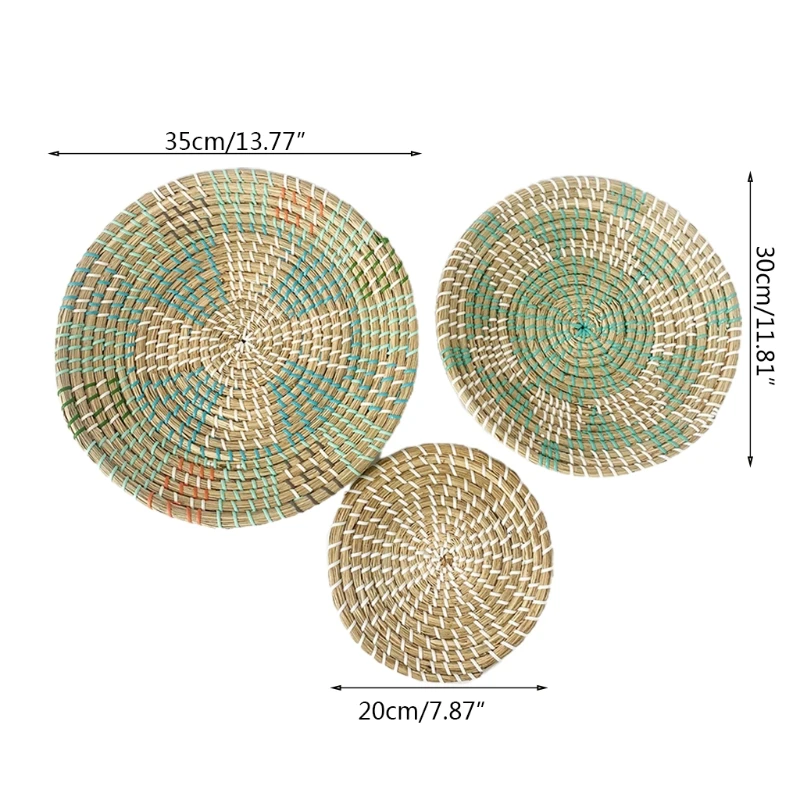 

72XF 3pcs Hanging Woven Wall Basket Decor Handmade Seagrass Round Decorative Trays Boho Wall Basket Decor for Living Room