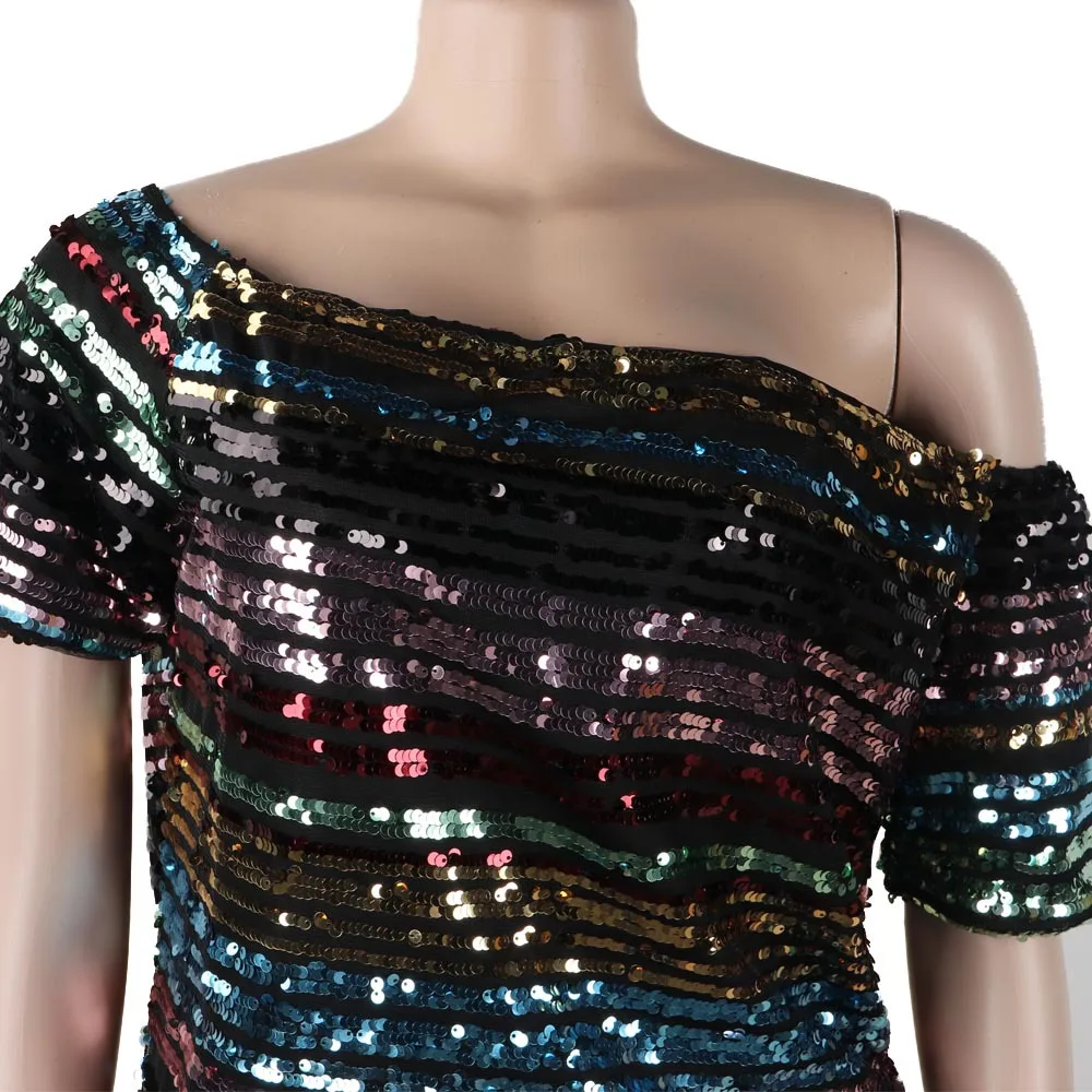 

Zoctuo New Summer Skew Collar T Shirts for Women Short Sleeve Striped Sequined T Shirts Sexy Fashion Night Clubwear T-Shirts