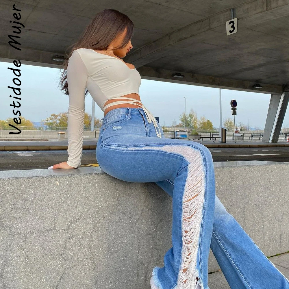 

Рваные расклешенные джинсы с высокой талией, женские вышитые потертые джинсовые брюки, отбеленные облегающие широкие брюки 2021, брюки в стил...