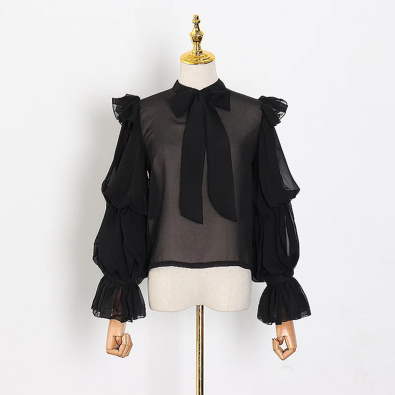 2021 Spring Leopard Illusion Chiffon Blouse Women Fashion Bow Black Long Sleeves Crop Top Female Office Lady Short Tops
