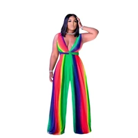 womens fashion summer outfits sleeveless ladies rainbow striped wide leg long jumpsuit