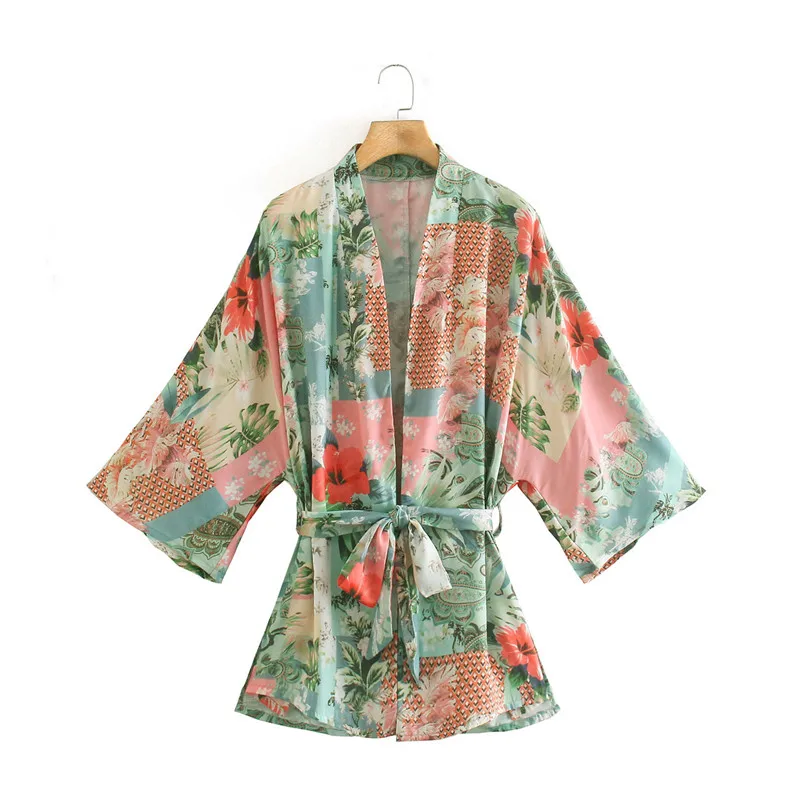 

Женское кимоно на шнуровке ZA, модное повседневное элегантное кимоно с принтом в этническом стиле, верхняя одежда в стиле пэчворк, лето 2021