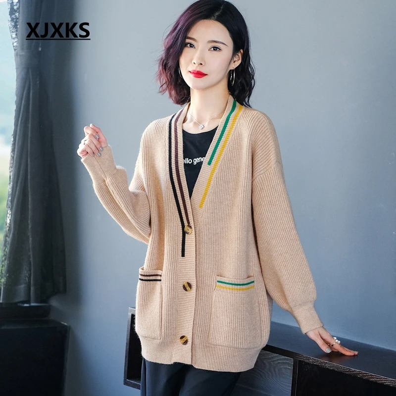 

XJXKS Fashion Casual Loose Women Winter Long Sleeve Jumper Knit Sweater V-Neck Cardigan Top Slim Outwear Coat Spring Clothes