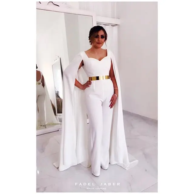 Женский белый комбинезон вечерние платья 2019 с накидкой и золотым поясом Длинные