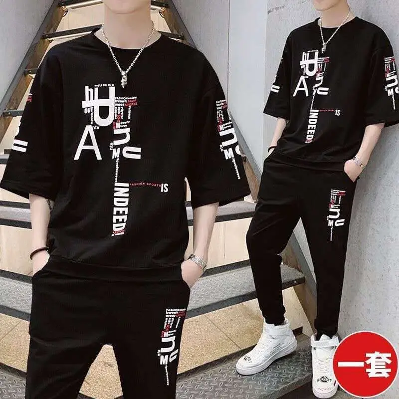 

Summer Suit Men 's Korean -Style Loose Casual Short-Sleeved T-Shirt Trousers Teenagers Trendy Handsome Matching Set