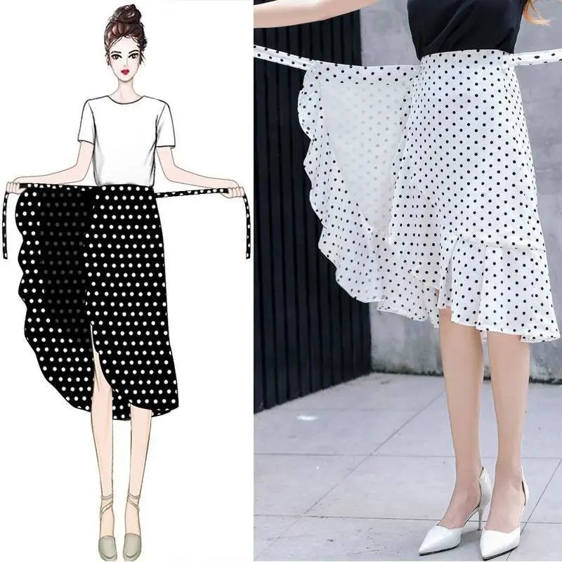 Женская офисная юбка в горошек цельная приталенная с запахом и поясом винтажном