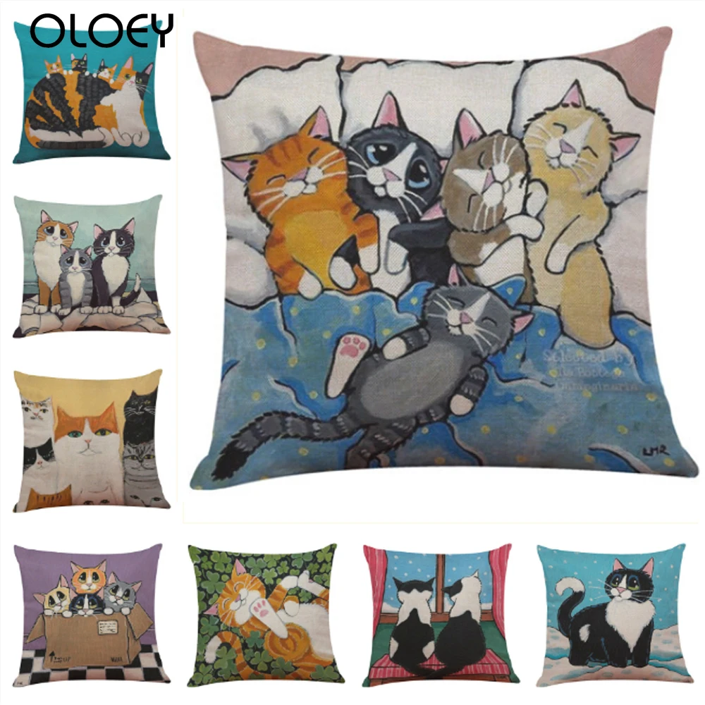 

Cartoon Cat Cotton Linen Pillow Cover Kitten Printed Cushion Cover Kitty Mom Kids Family Retro Pillow Case 45X45CM