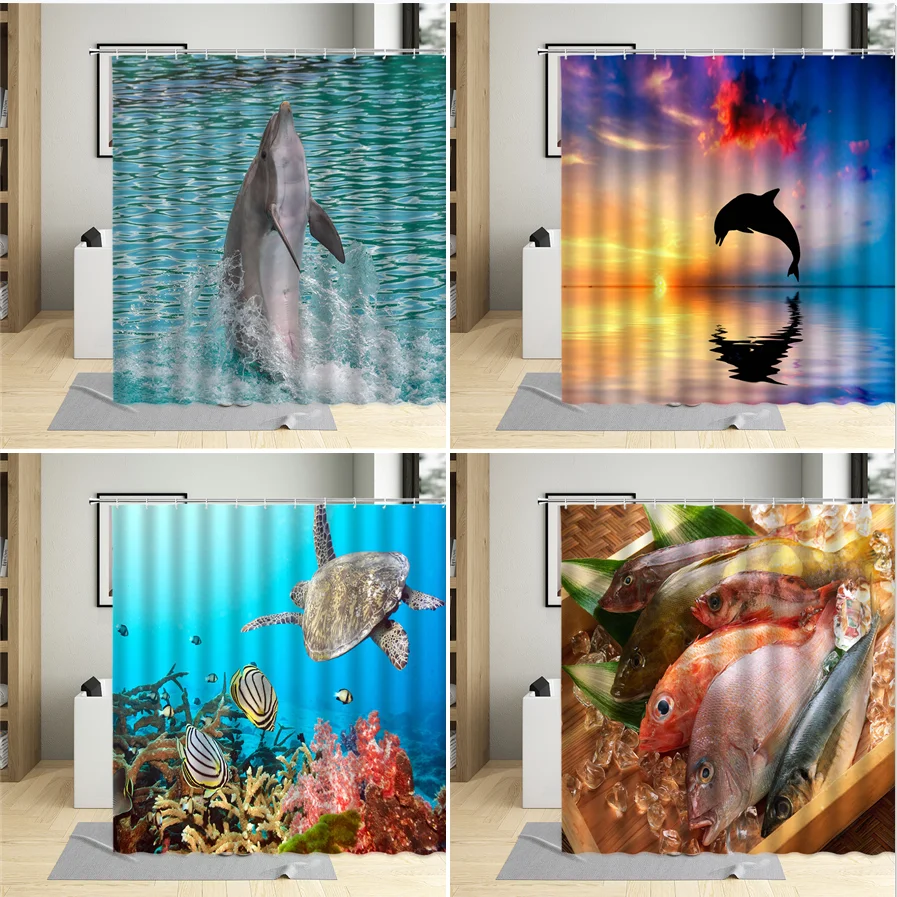 

Underwater World Dolphin Shower Curtain Leap Whale Fish Sea Turtle Ocean Sky Sunset Scenery Bathroom Bathtub Curtains Sets Hooks