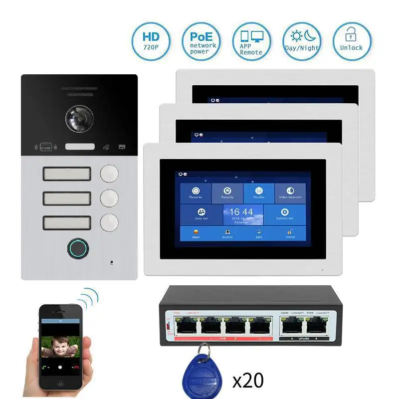 POE 720P WIFI IP 1 2 3 квартира 7 "отпечатков пальцев видеодомофон Набор для записи