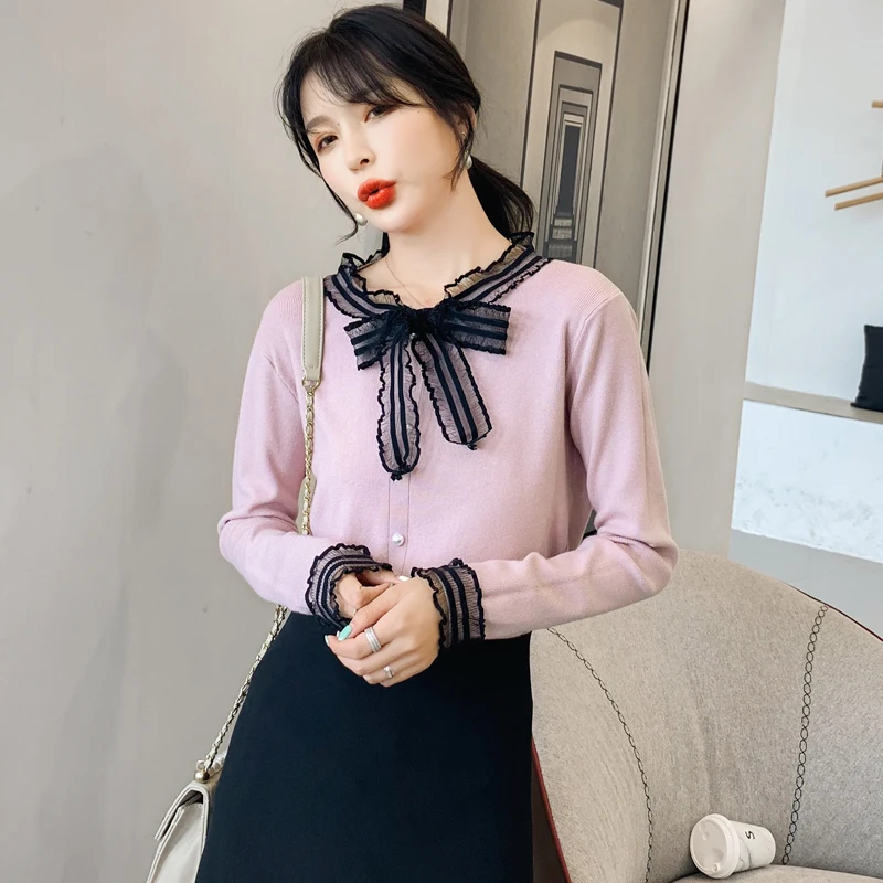 

New Elegant Fashion Women Autumn Winter Bowknot Lace Patchwork Sweater Knit Top Ladies Base Clothing