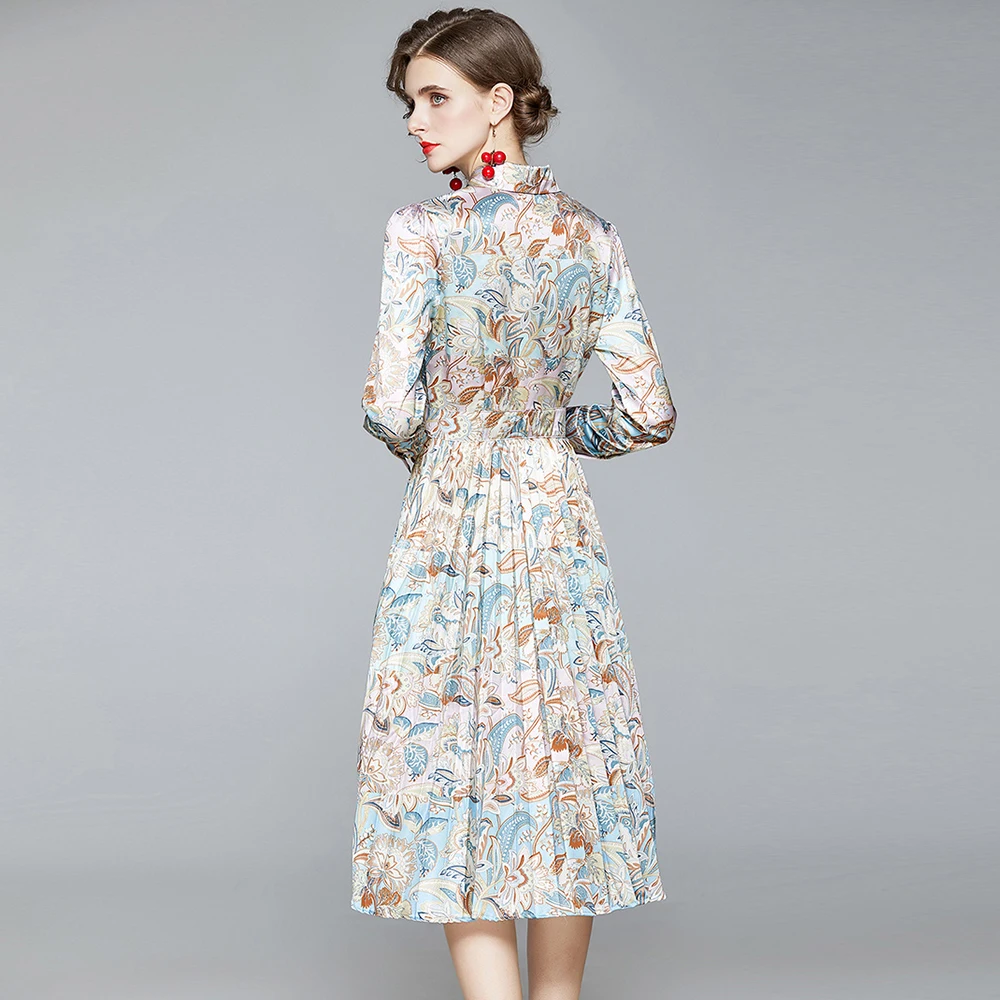 

Banulin Women Vintage Print Midi Dress 2020 Spring Summer Long Sleeve Floral Pleated Dress Female Casual Beach Shirt Dress