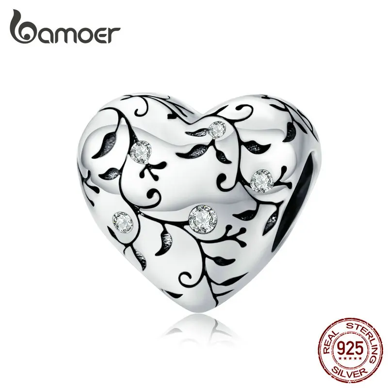 Bamoer, Европейский узор, сердце, бусины, шарм, серебро, 925,, пасторальный стиль, Ретро стиль, цветок, амулеты, ювелирное изделие, сделай сам,, новинка SCC1323