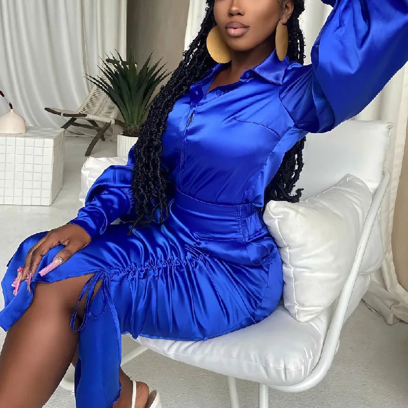 

SKMY Fall Dresses For Women Fashion Casual Solid Color Drawstring Pleated Sexy High Waist Slim Long Sleeve Satin Dress Clubwear