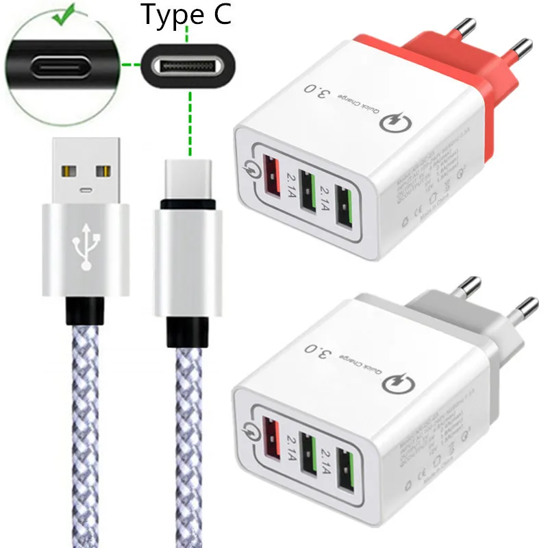 Зарядное устройство USB Type-C 5 В 3 А быстрая зарядка адаптер QC 0 1 м/2 м кабель для