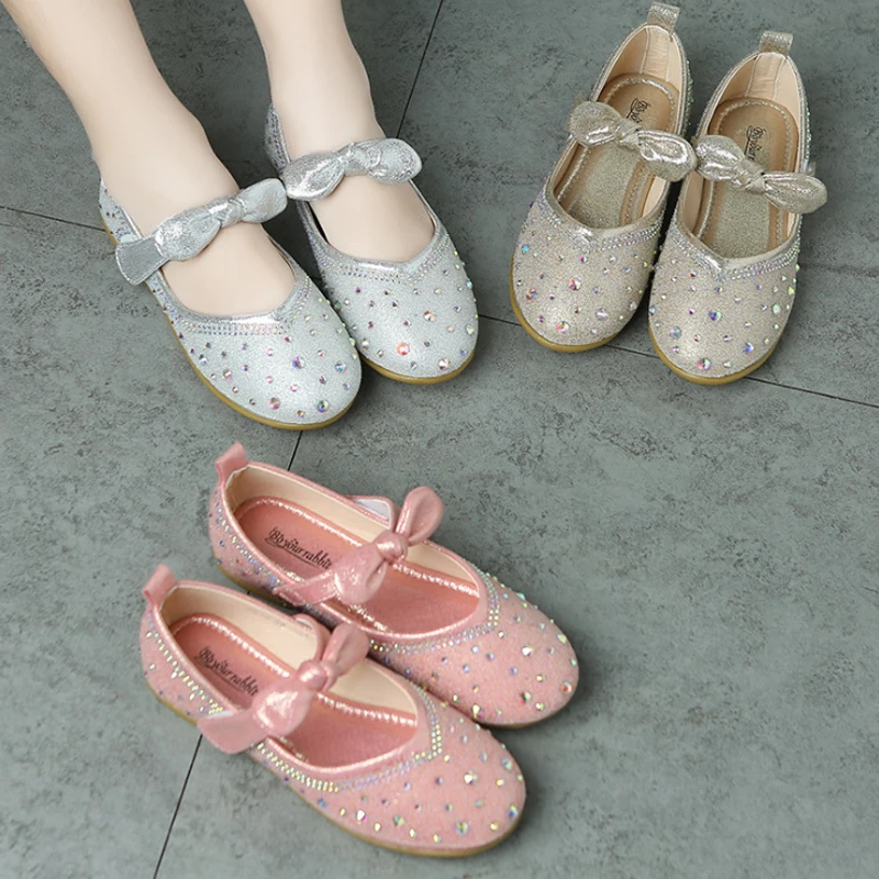 

Girls Leather Shoes Princess Shoes Children Shoes round-Toe Soft-Sole Fashion Girls Butterfly Knot Crystal Shoes Single Shoes