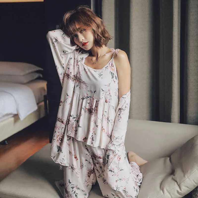 

Autumn New 3Pcs Women Pyjamas Set Elegant Crane Printed Ladies Sexy Sleepwear Set Comfort Soft Homewear Loose Casual Wear