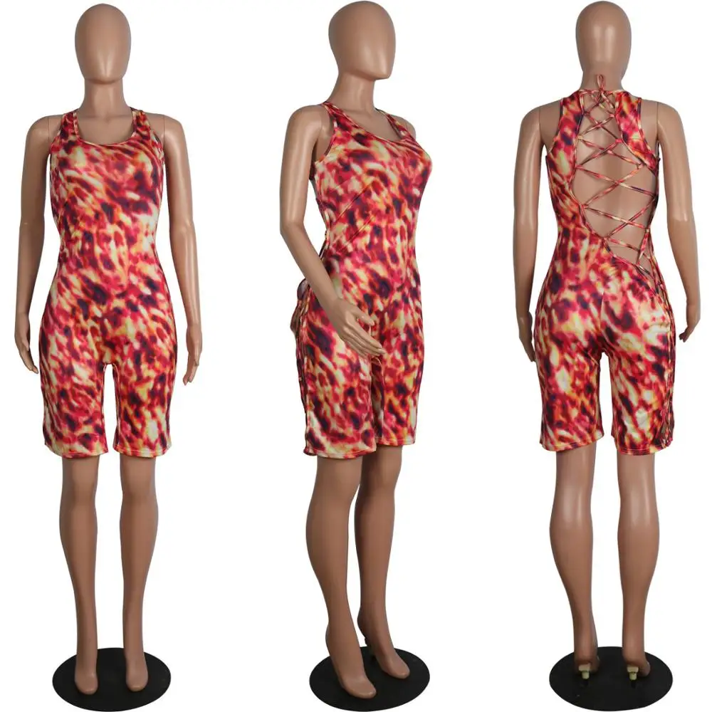 Casual Flame Tie Dye Print Shorts Body Playsuit Women Sexy Tank Top Backless Lace Up Bandage Bodycon Rompers Jumpsuit | Женская одежда