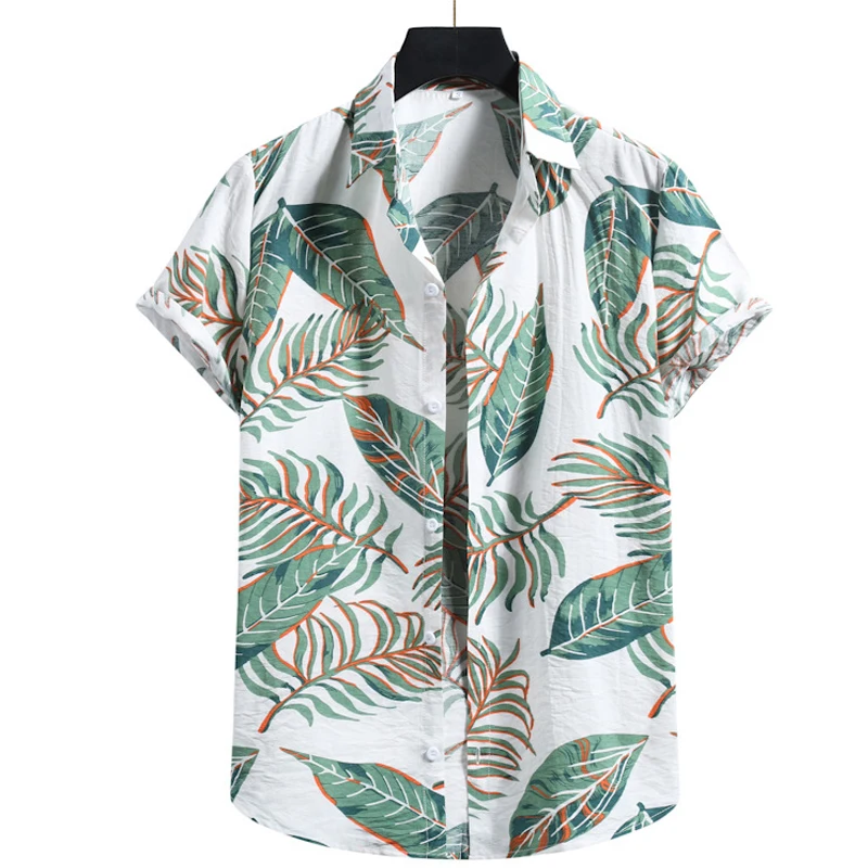

Leaf Print Mens Aloha Shirt 2021 New Summer Short Sleeve Shirts Men Holiday Vacation Hawaiian Camisa Oversized Chemise Homme