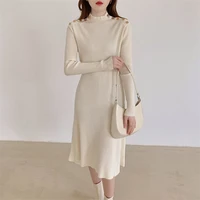 elegant dresses for women 2021 autumn half half simplicity solid bottom knitted dress french retro ladies clothes new vestidos