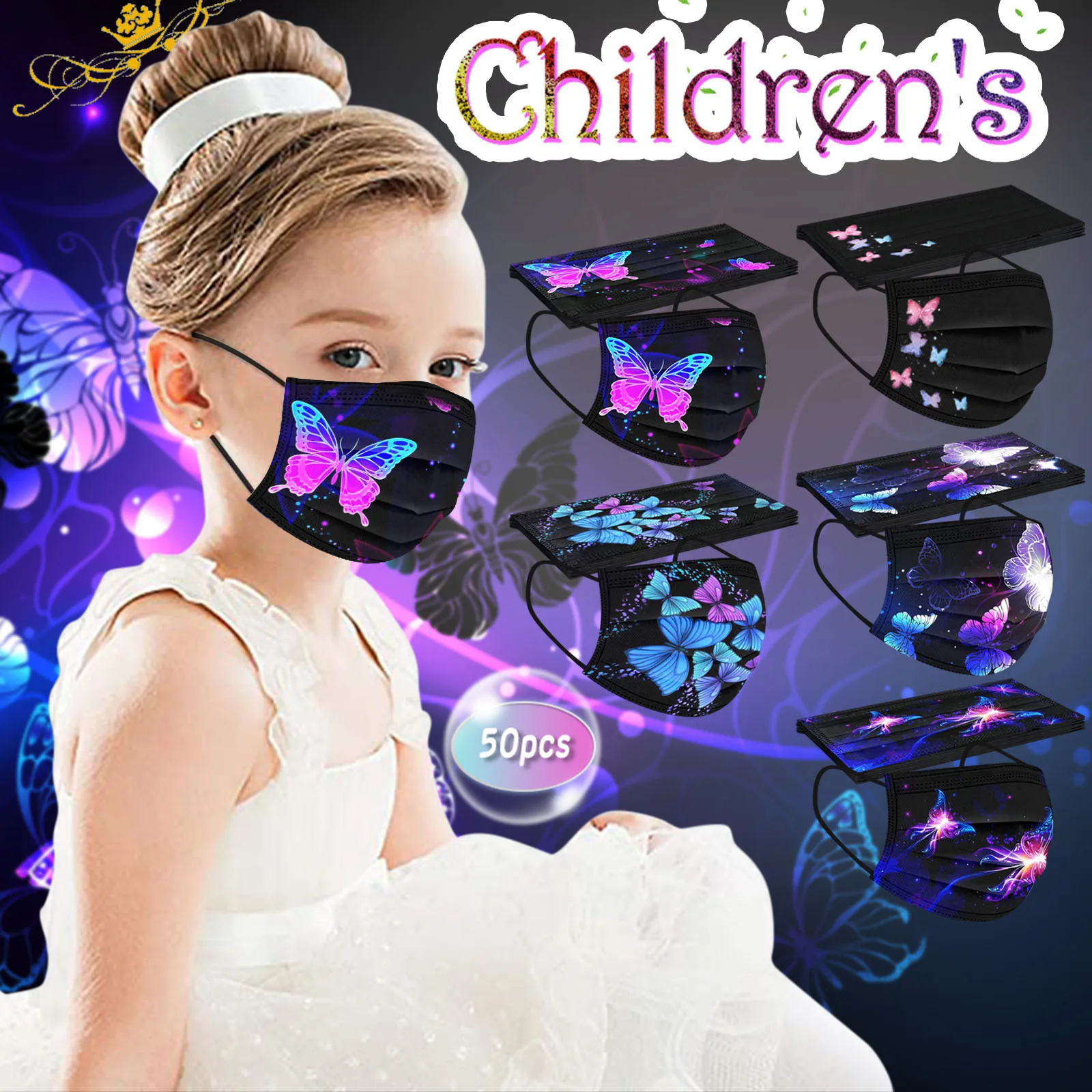 

50PCS Butterfly 3Ply Dustproof Ear Loop Disposable Mask Face mascara Facial Black Protector Children masque Cosplay mascherina