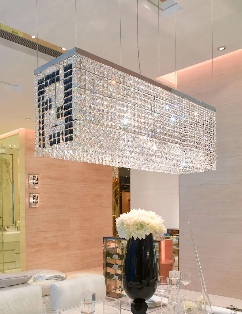 구매 블랙 F 직사각형 크리스탈 샹들리에 램프 다이닝 룸 Lustre De Cristal 라운드 천장 고정 장치 라이트 바 주방 조명