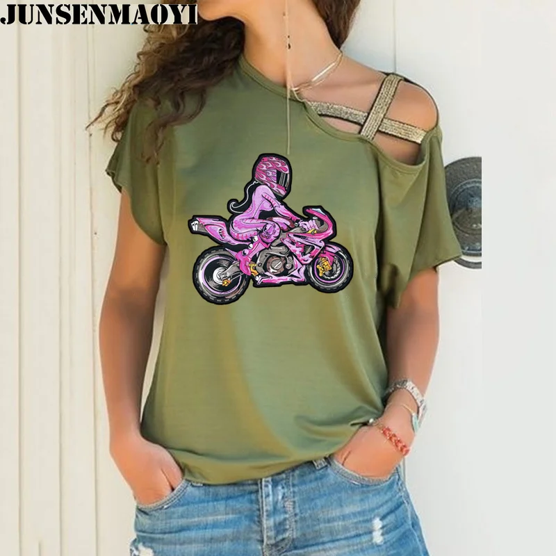 

NEW Pink Biker with Pink Girl Rider Fashion t shirt Women Short Sleeve TShirt T-Shirt Female Irregular Skew Cross Bandage