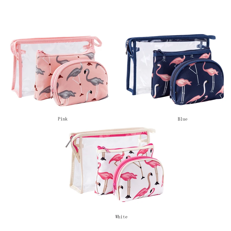 

BONAMIE Fashion Female Cosmetic Bag Flamingo Printing PVC Waterproof Travel Portable Makeup Bag Multi-Function Clutch 3Pcs/Set